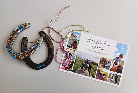 Zwei bemalte Hufeisen mit farbigen Mustern, drei Armbändeli und eine Postkarte mit verschiedenen Motiven von der Reittherapie
